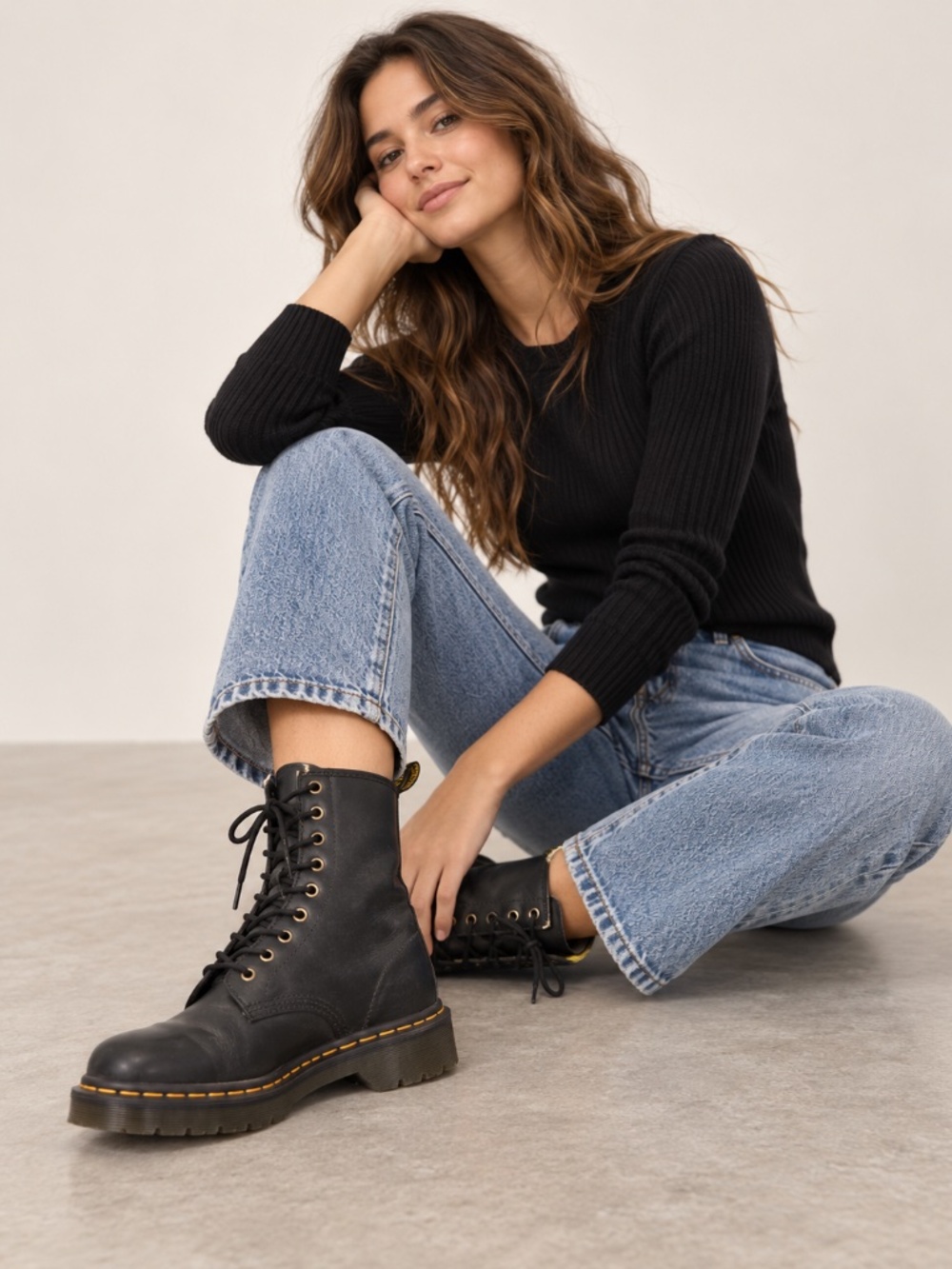 Dr. Martens Black Lace-Up Platform Combat Boots with Yellow Stitching
